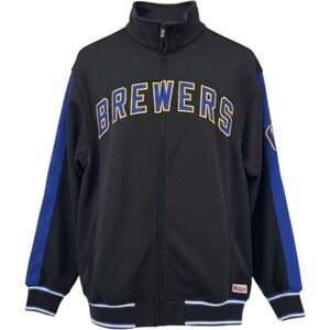 Stitches Milwaukee Brewers MLB Track Jacket Black Blue Mens Medium Full Zip Logo